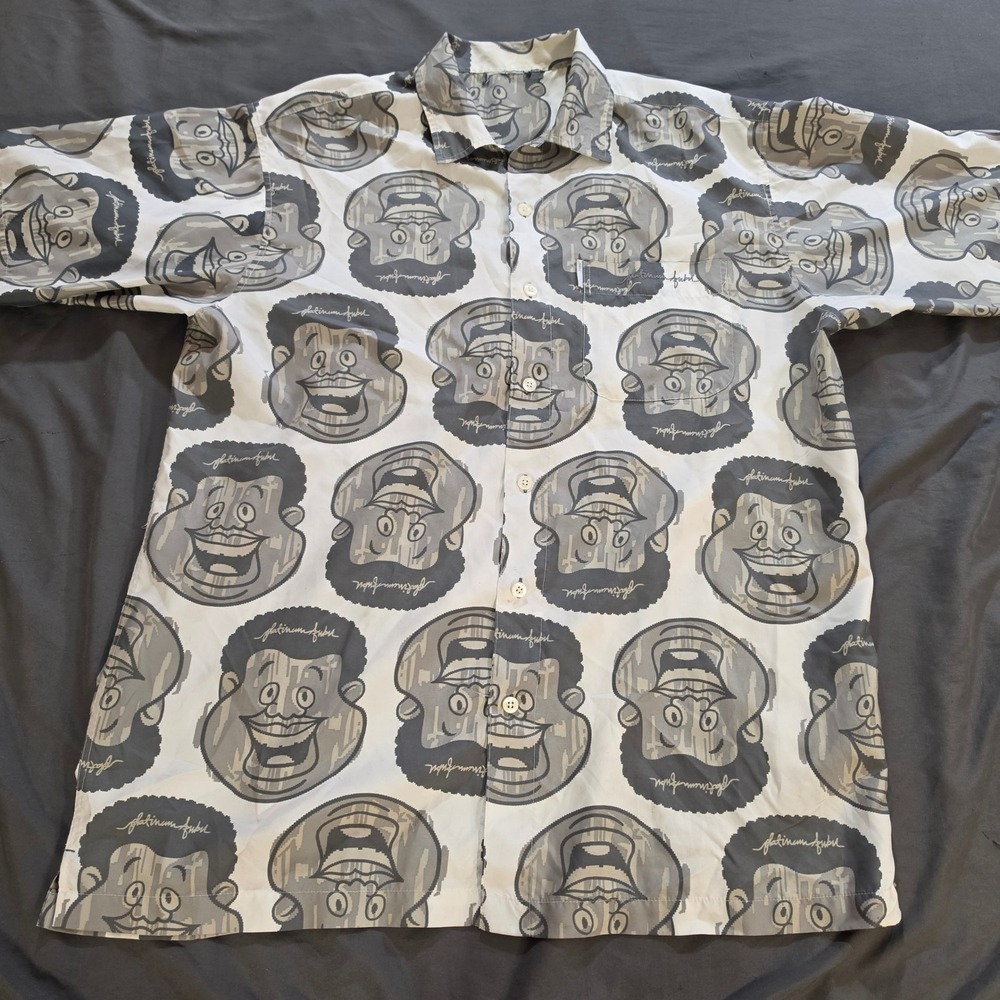 Platinum FUBU Fat Albert All Over Print Button Down Shirt Gray White Mens XL